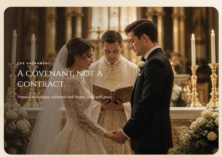 Catholic bride and groom exchanging vows before a priest at a candlelit altar — A covenant, not a contract.