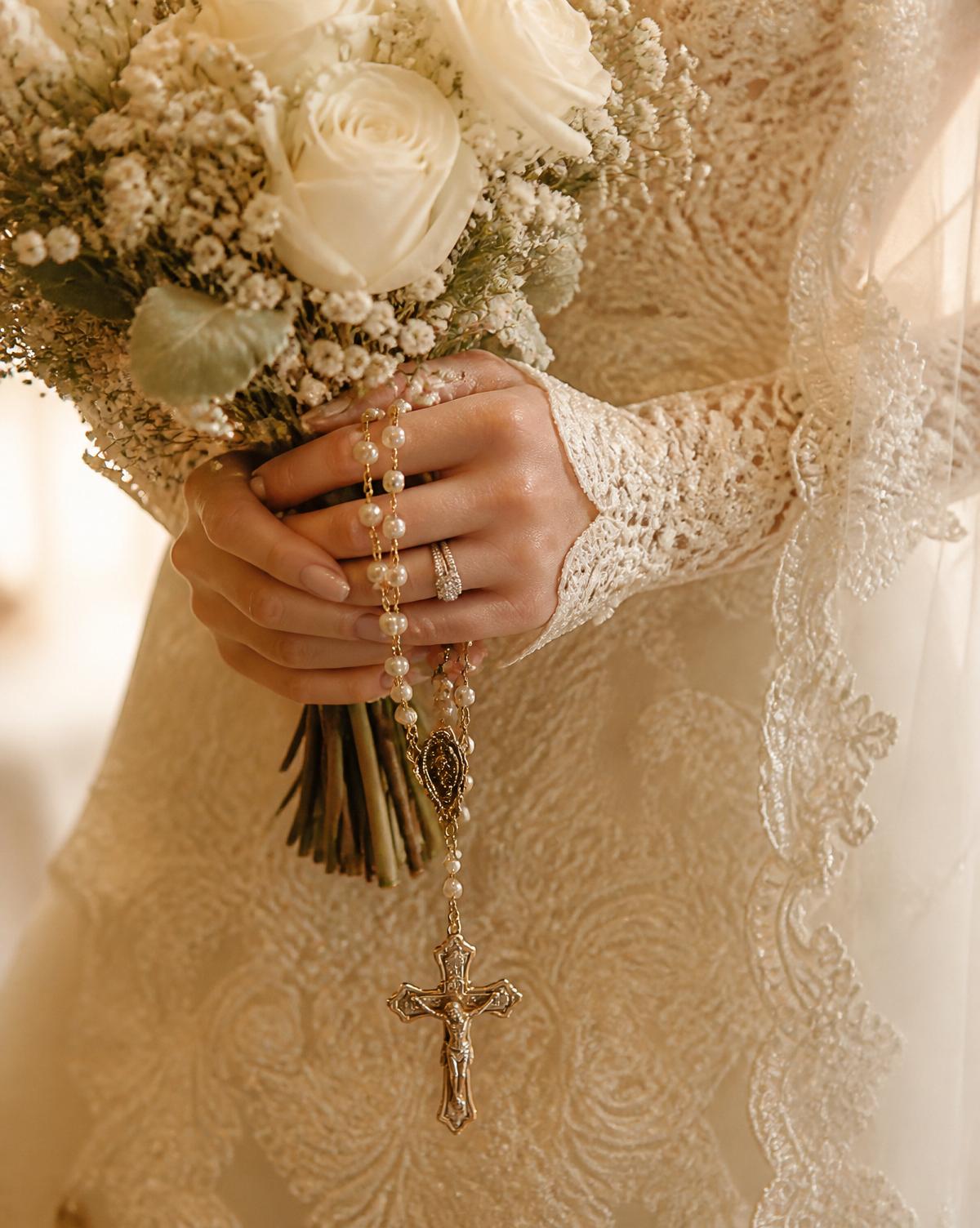 Bride's hands holding rosary beads and a bridal bouquet